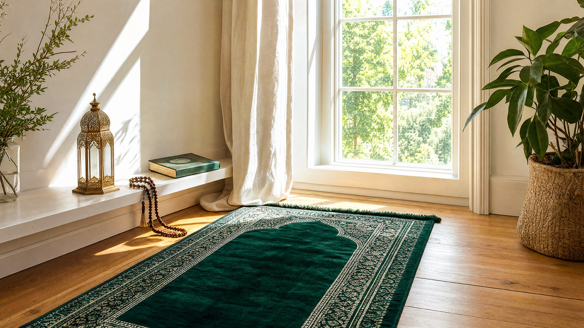 Un coin prière baigné de lumière naturelle, tapis velours émeraude et bougie allumée