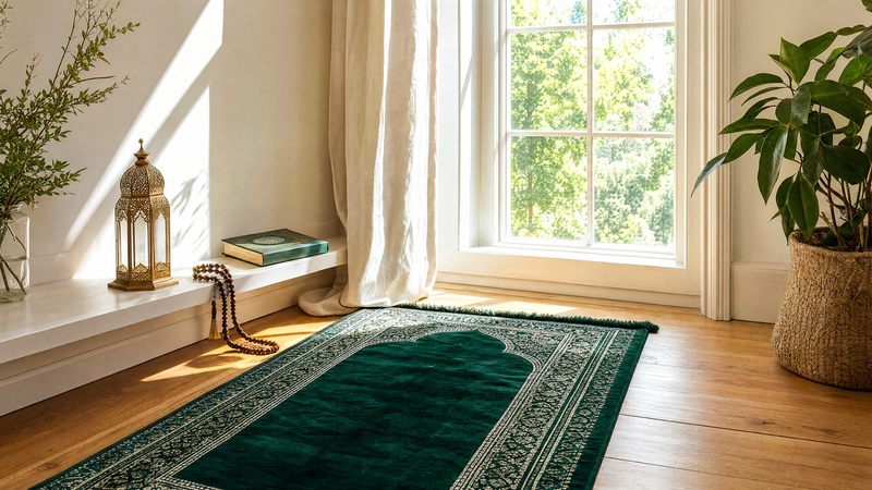 Un coin prière baigné de lumière naturelle, tapis velours émeraude et bougie allumée