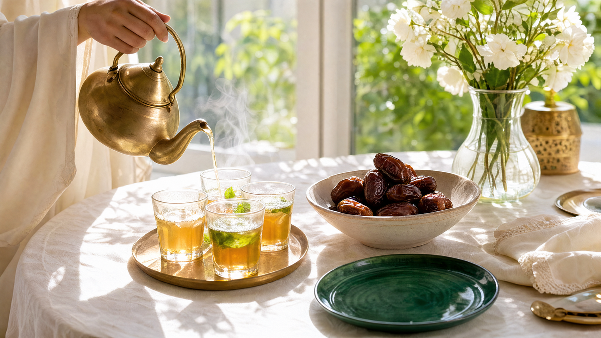 Une table d'iftar chaleureuse préparée dans une lumière dorée