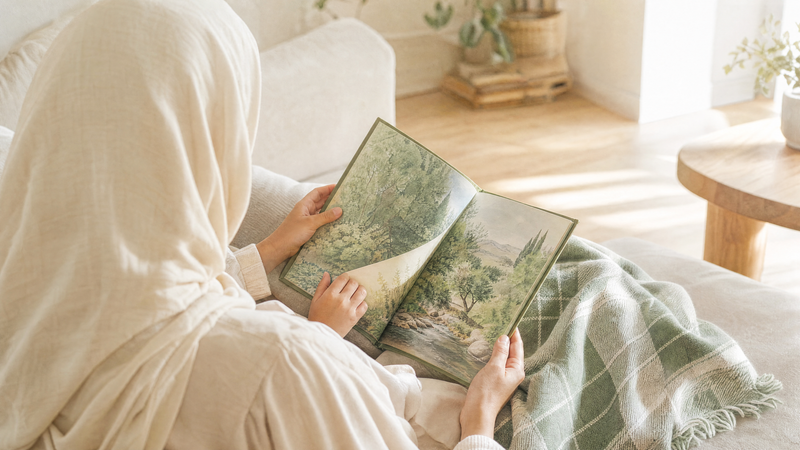 Un moment de lecture en famille dans une lumière chaude, livre illustré et jeux en bois