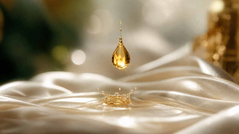 Goutte d'attar ambré suspendue au-dessus d'une soie ivoire ondulante — macro éditoriale signature SAKINA
