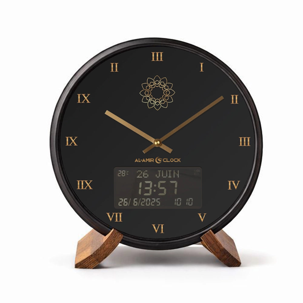 Horloge de prière Waqti Prestige, finition noire, index minimalistes