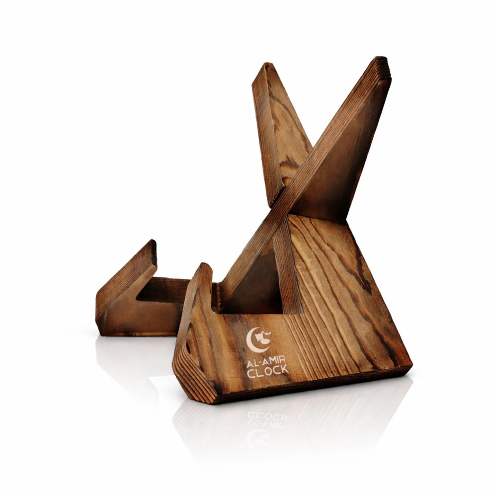 Support en bois brut tenant une horloge de prière Waqti sur une console