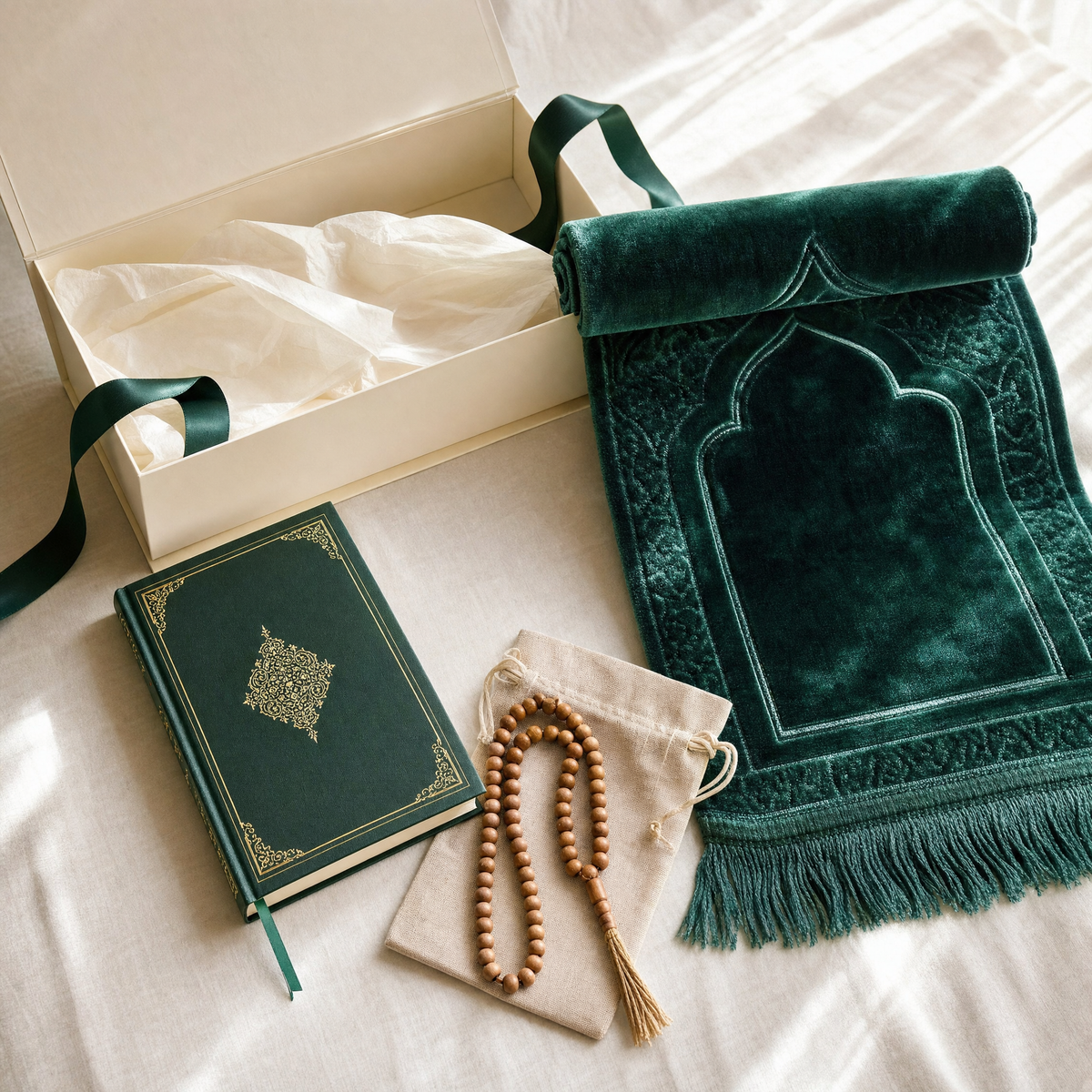 Coffret Coin de paix — tout le contenu : tapis velours émeraude, livre, chapelet en bois