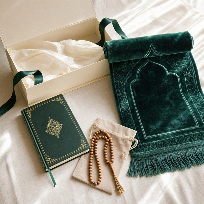 Coffret Coin de paix — tout le contenu : tapis velours émeraude, livre, chapelet en bois